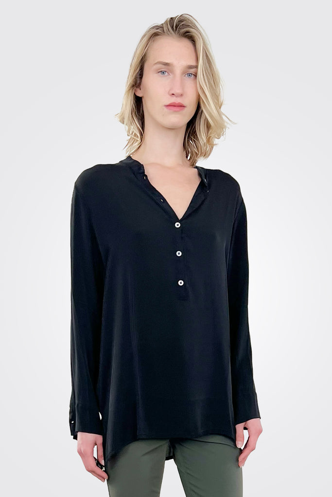 3/4 Button Down Silk Blouse - Black