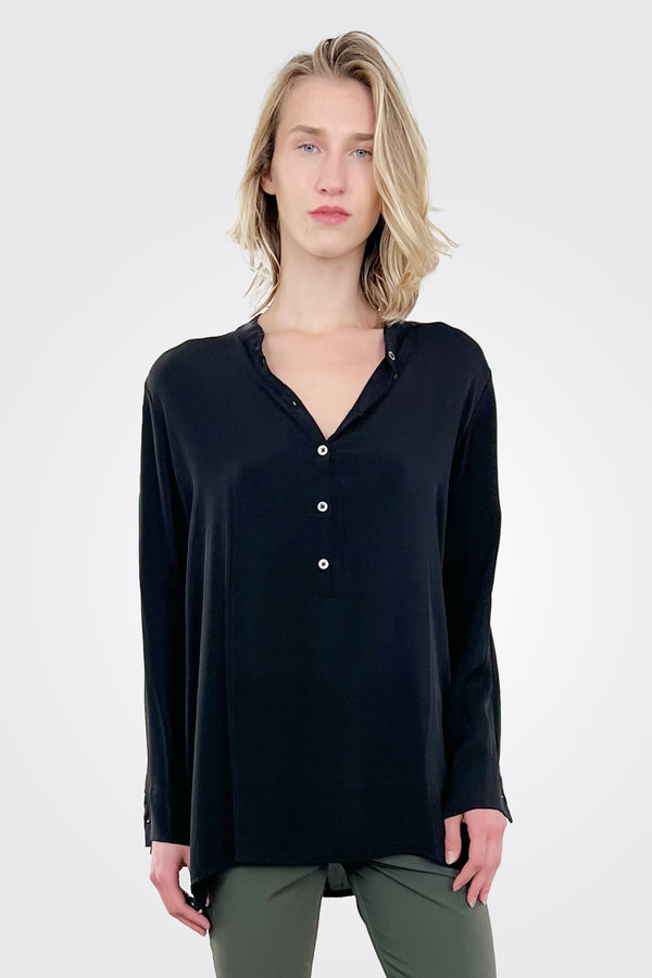 3/4 Button Down Silk Blouse - Black